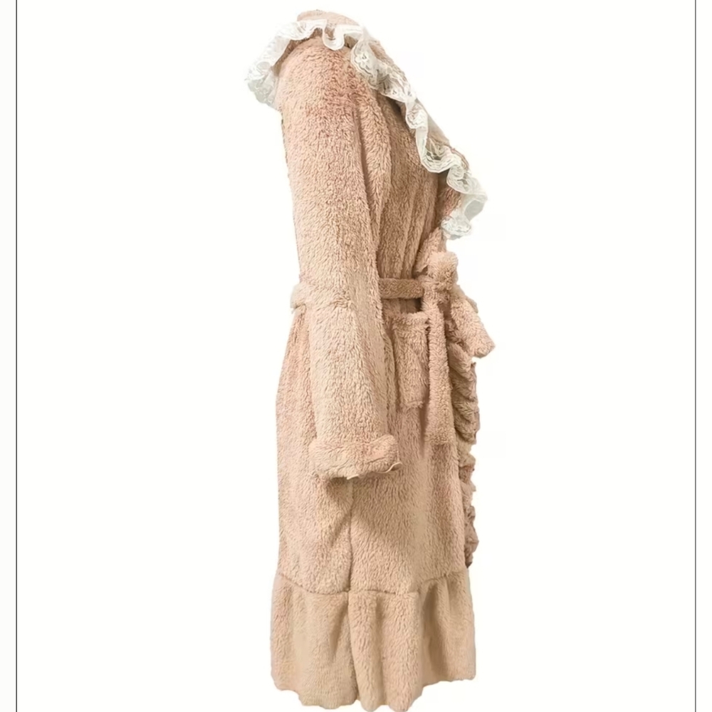 Cozy Tan Fleece Robe with Lace Trim Women's Plus Size XXL (Runs Small) - Picture 2 of 5
